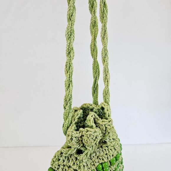 Vintage Walborg 1960's Green Wood Beaded Tasseled Crochet Cinch Top Bag Purse - Picture 9 of 9